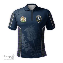 ScotsTee Shop Scottish Hunter Modern Clan Scottish Crest and Scottish Thistle Sport Tartan Zipper Polo Shirt