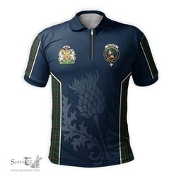 ScotsTee Shop Scottish MacAlpin Clan Scottish Crest and Scottish Thistle Sport Tartan Zipper Polo Shirt