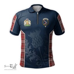 ScotsTee Shop Scottish MacDougall Dress Clan Scottish Crest and Scottish Thistle Sport Tartan Zipper Polo Shirt