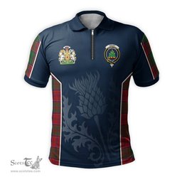 ScotsTee Shop Scottish Grant Clan Scottish Crest and Scottish Thistle Sport Tartan Zipper Polo Shirt