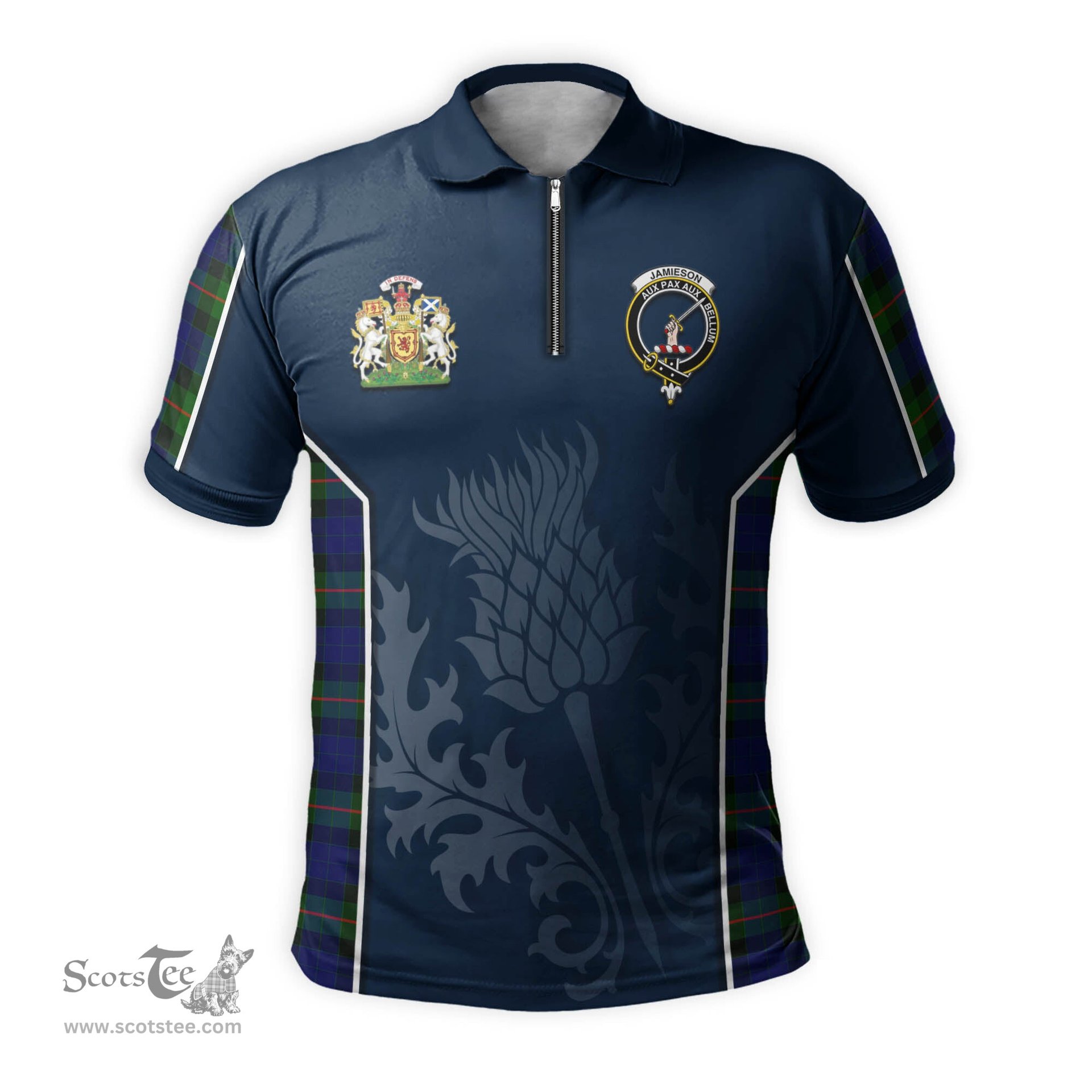 ScotsTee Shop Scottish Jamieson Clan Scottish Crest and Scottish Thistle Sport Tartan Zipper Polo Shirt