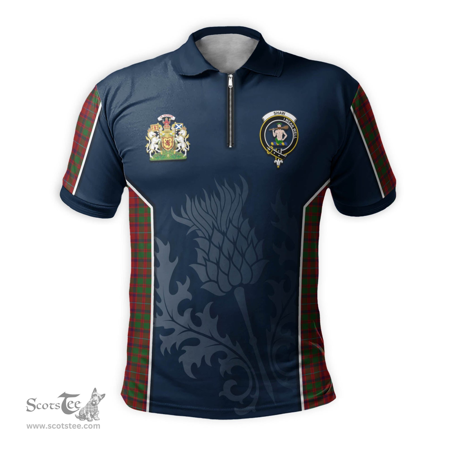 ScotsTee Shop Scottish Shaw of Tordarroch Red Dress Clan Scottish Crest and Scottish Thistle Sport Tartan Zipper Polo Shirt