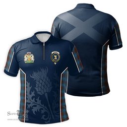ScotsTee Shop Scottish Stewart Royal Blue Clan Scottish Crest and Scottish Thistle Sport Tartan Zipper Polo Shirt