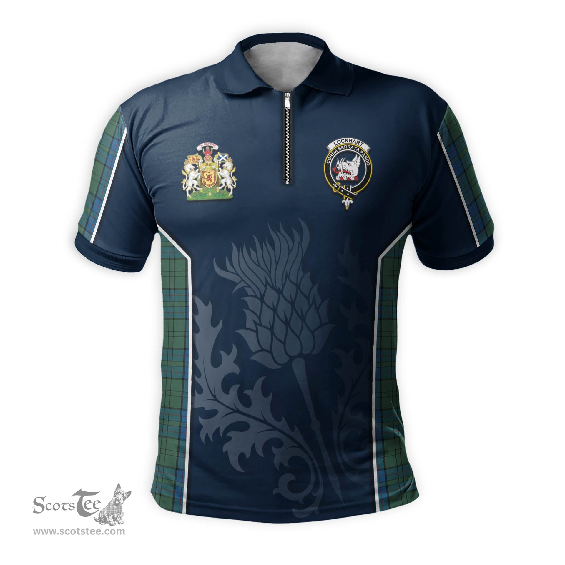 ScotsTee Shop Scottish Lockhart Clan Scottish Crest and Scottish Thistle Sport Tartan Zipper Polo Shirt