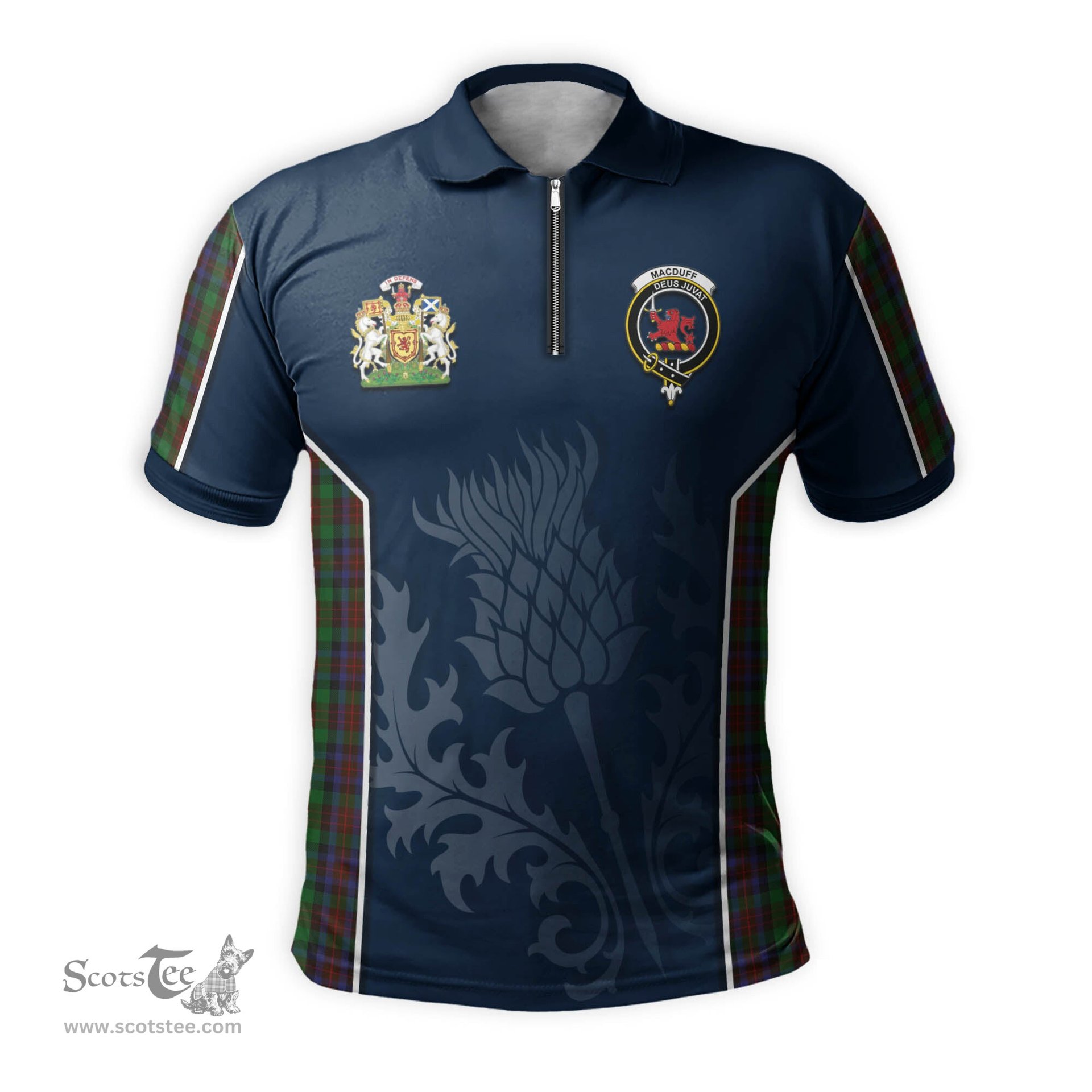 ScotsTee Shop Scottish MacDuff Hunting Clan Scottish Crest and Scottish Thistle Sport Tartan Zipper Polo Shirt