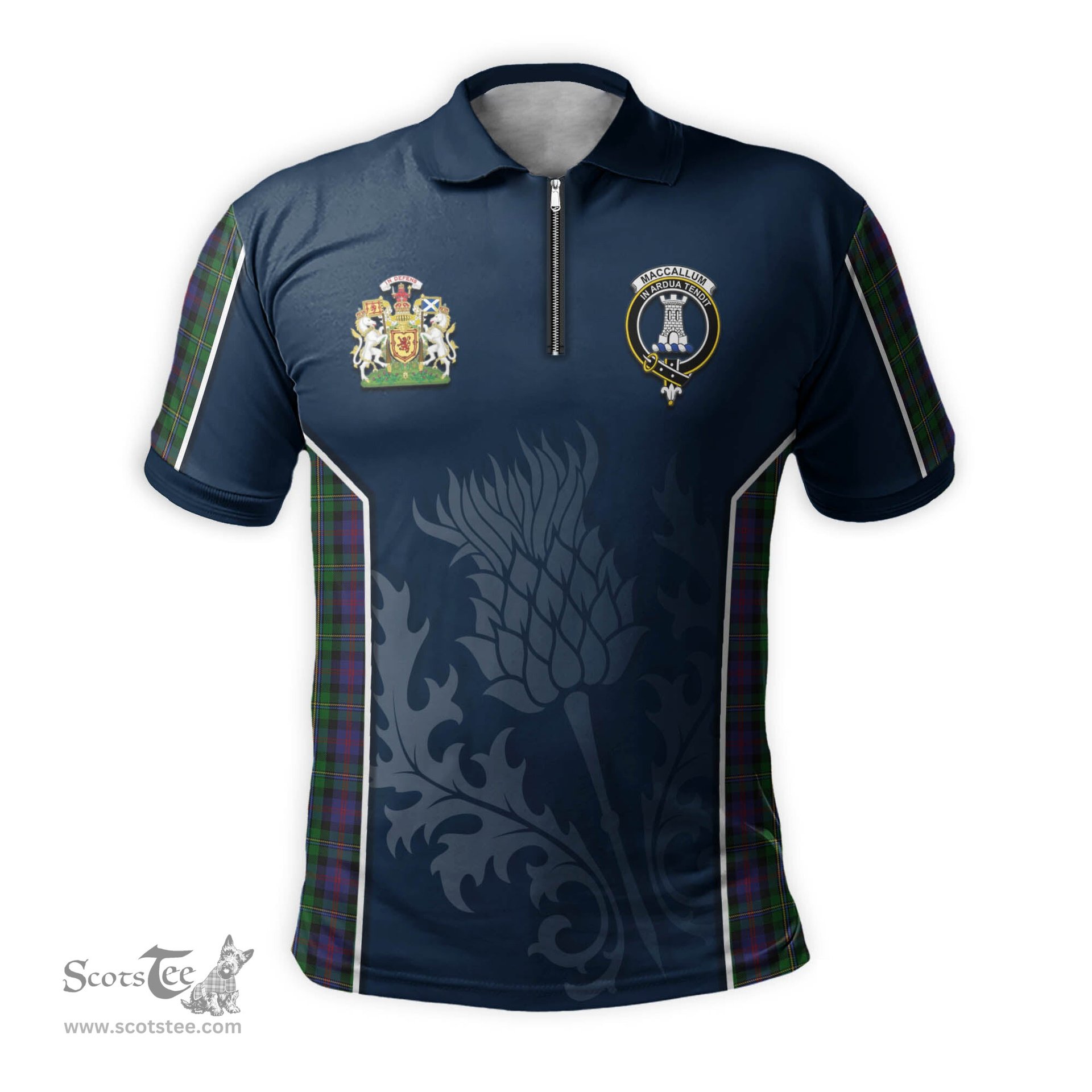 ScotsTee Shop Scottish MacCallum Clan Scottish Crest and Scottish Thistle Sport Tartan Zipper Polo Shirt