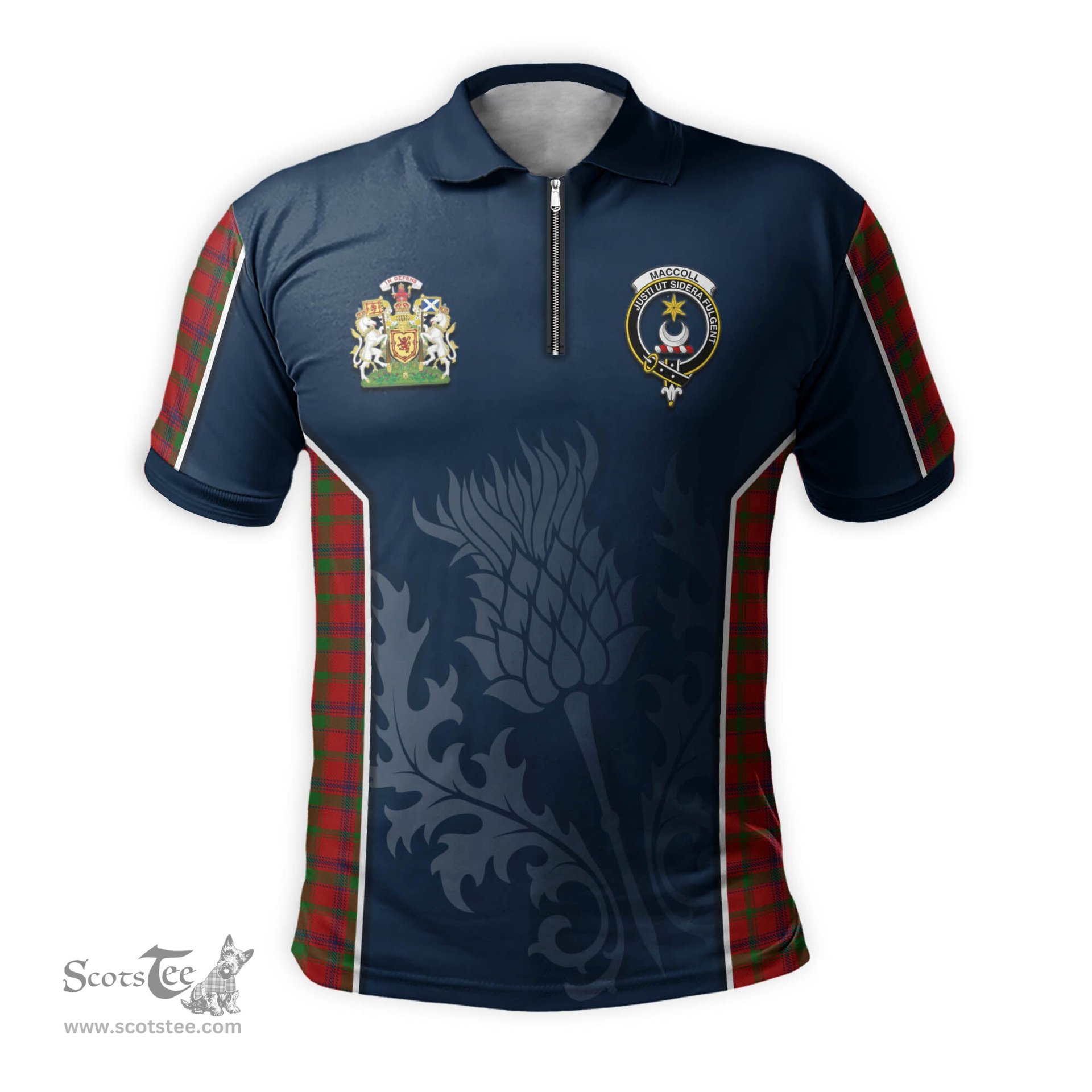 ScotsTee Shop Scottish MacColl Clan Scottish Crest and Scottish Thistle Sport Tartan Zipper Polo Shirt