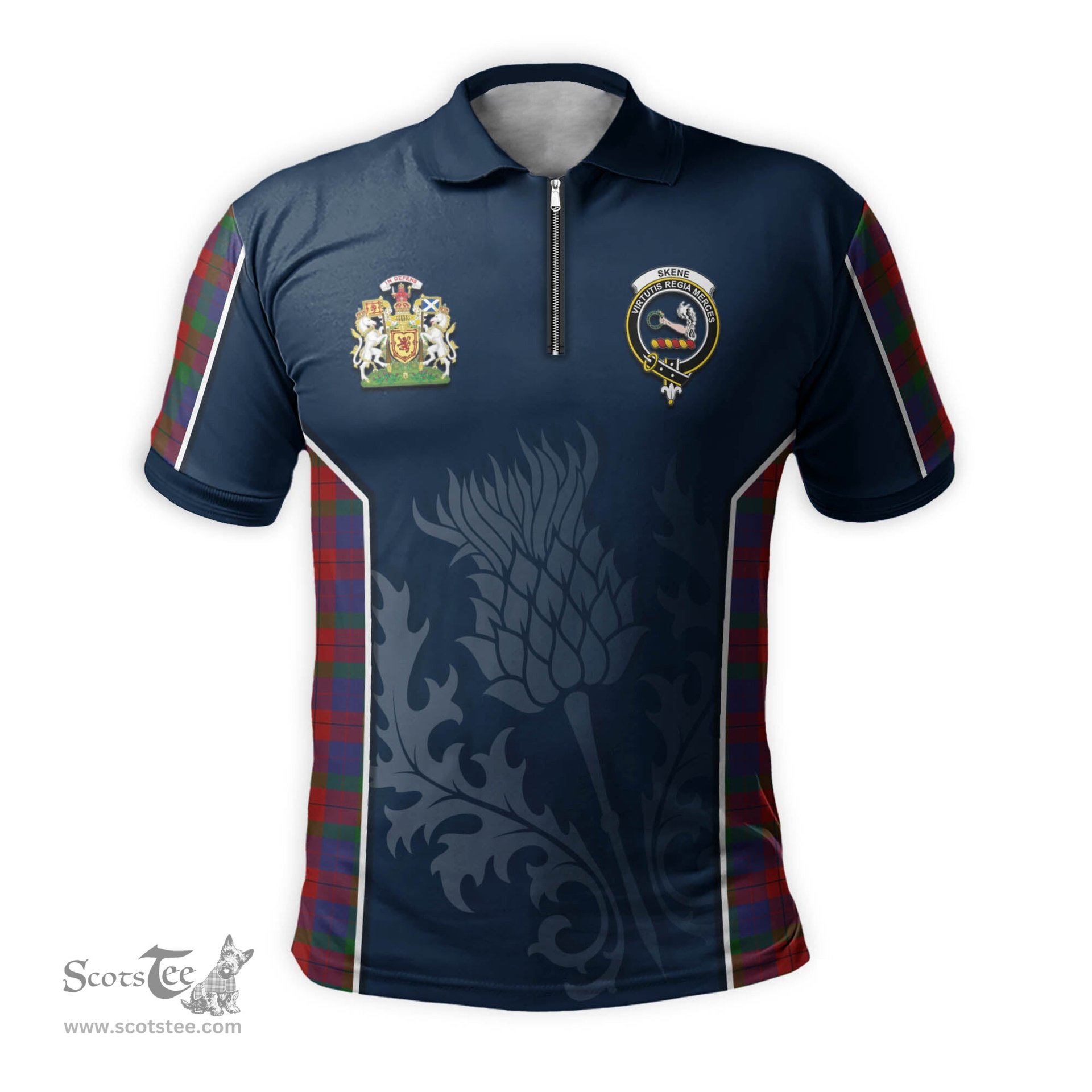 ScotsTee Shop Scottish Skene of Cromar Clan Scottish Crest and Scottish Thistle Sport Tartan Zipper Polo Shirt