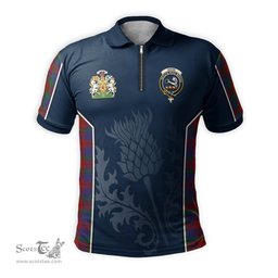 ScotsTee Shop Scottish Skene of Cromar Clan Scottish Crest and Scottish Thistle Sport Tartan Zipper Polo Shirt