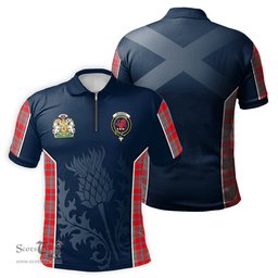 ScotsTee Shop Scottish Moubray Clan Scottish Crest and Scottish Thistle Sport Tartan Zipper Polo Shirt