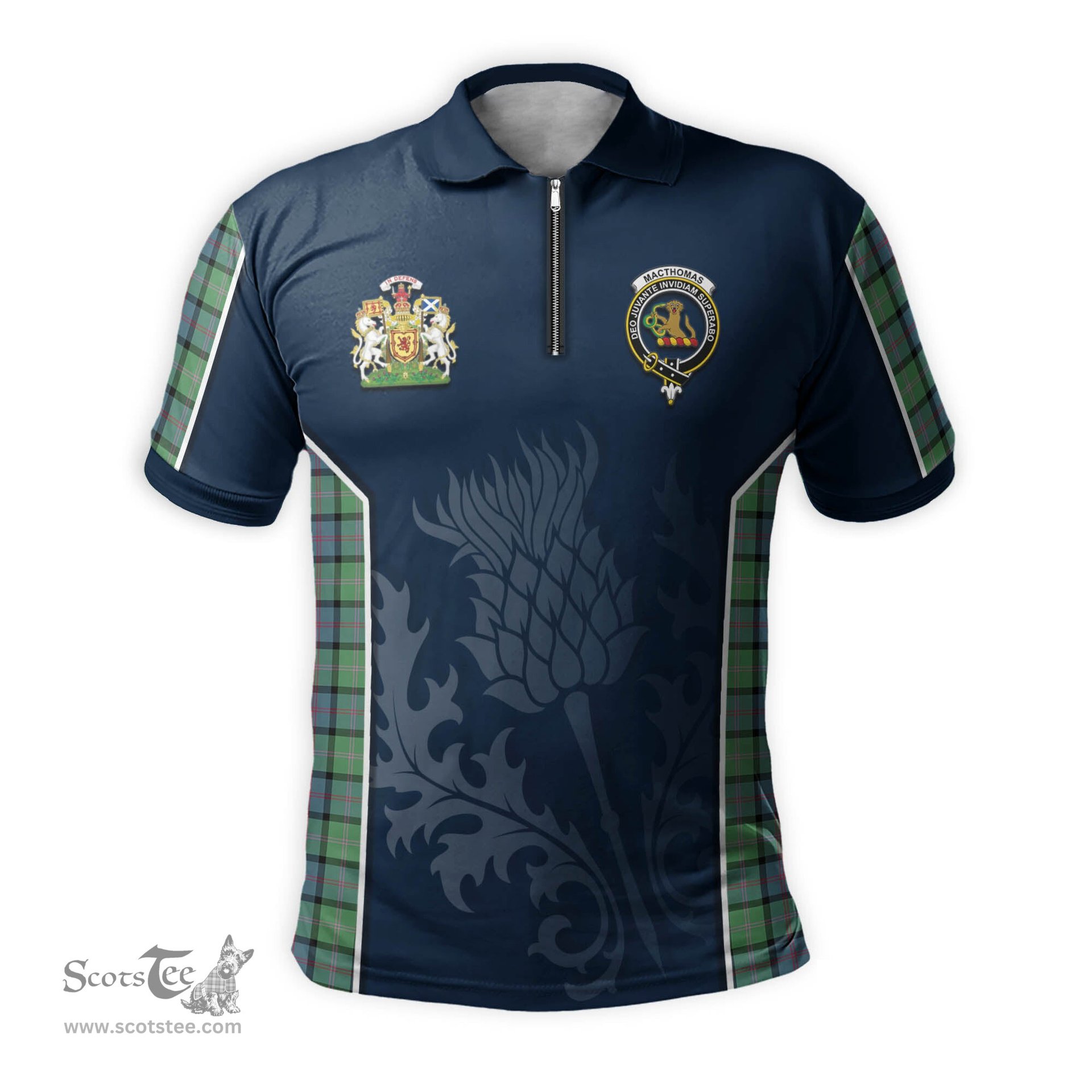 ScotsTee Shop Scottish MacThomas Ancient Clan Scottish Crest and Scottish Thistle Sport Tartan Zipper Polo Shirt
