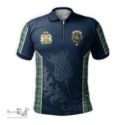 ScotsTee Shop Scottish MacThomas Ancient Clan Scottish Crest and Scottish Thistle Sport Tartan Zipper Polo Shirt