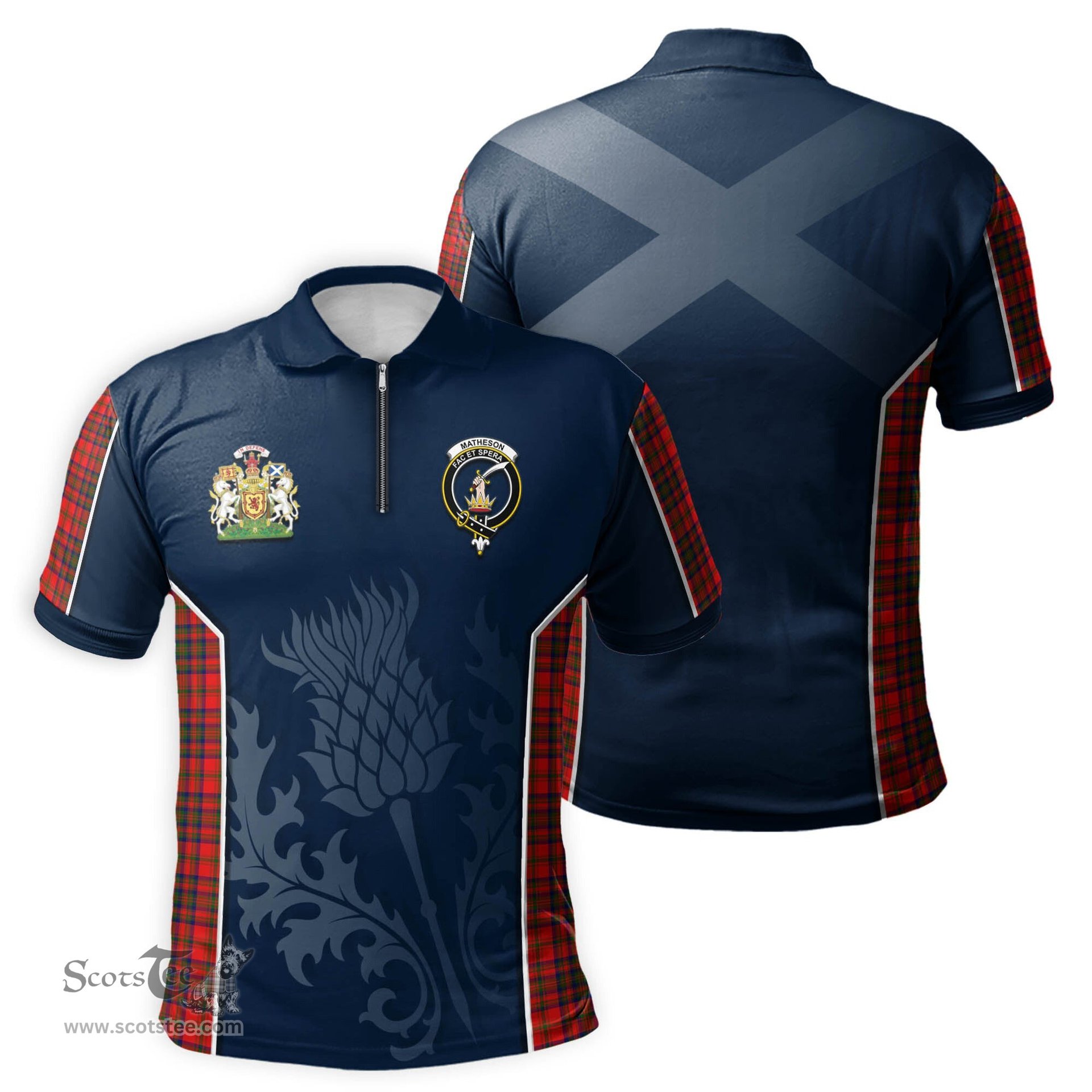ScotsTee Shop Scottish Matheson Modern Clan Scottish Crest and Scottish Thistle Sport Tartan Zipper Polo Shirt
