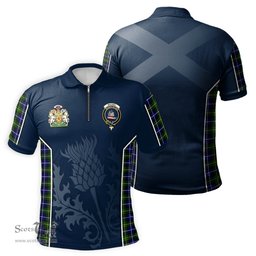 ScotsTee Shop Scottish MacNeil of Barra Modern Clan Scottish Crest and Scottish Thistle Sport Tartan Zipper Polo Shirt