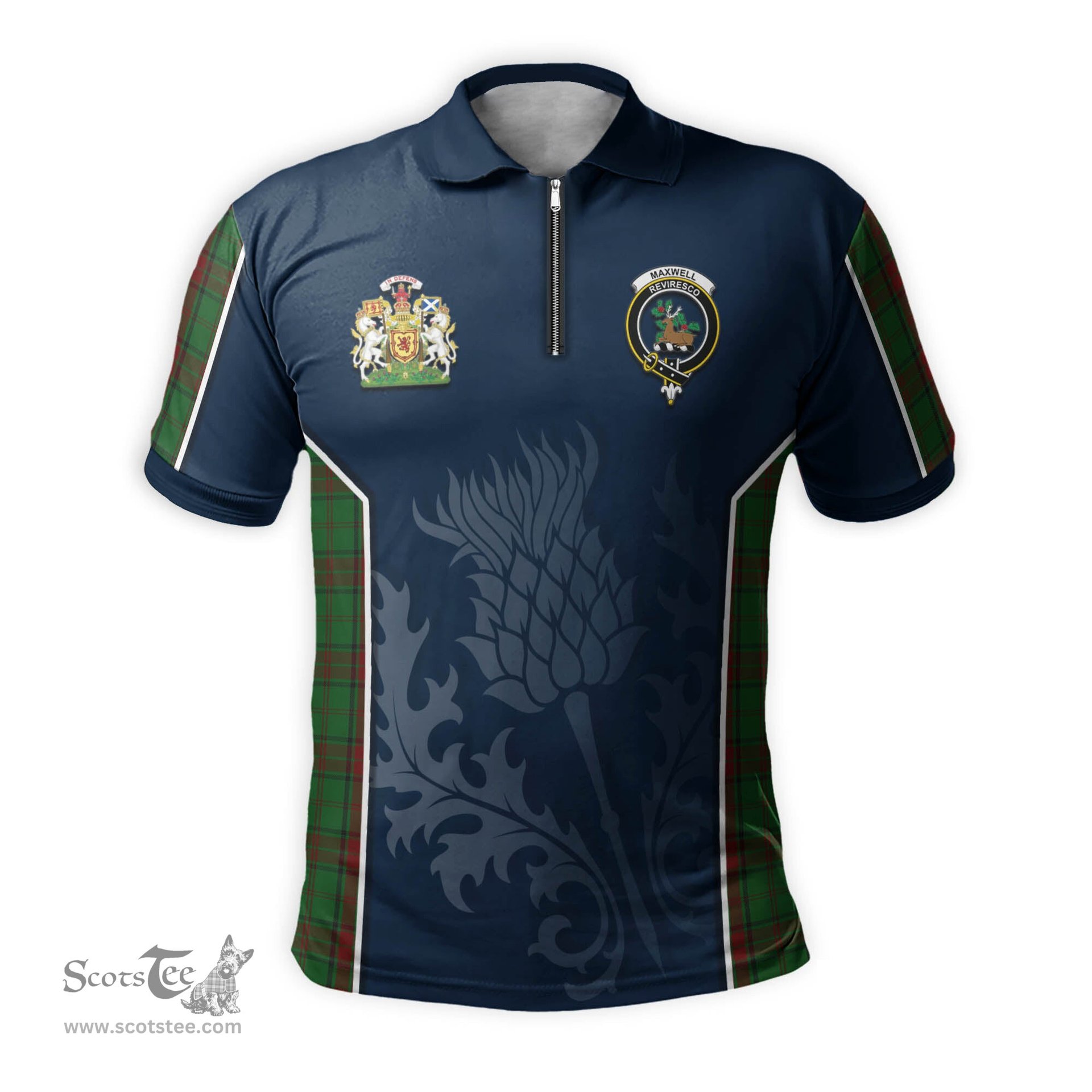 ScotsTee Shop Scottish Maxwell Hunting Clan Scottish Crest and Scottish Thistle Sport Tartan Zipper Polo Shirt