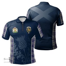ScotsTee Shop Scottish MacPherson Dress Blue Clan Scottish Crest and Scottish Thistle Sport Tartan Zipper Polo Shirt