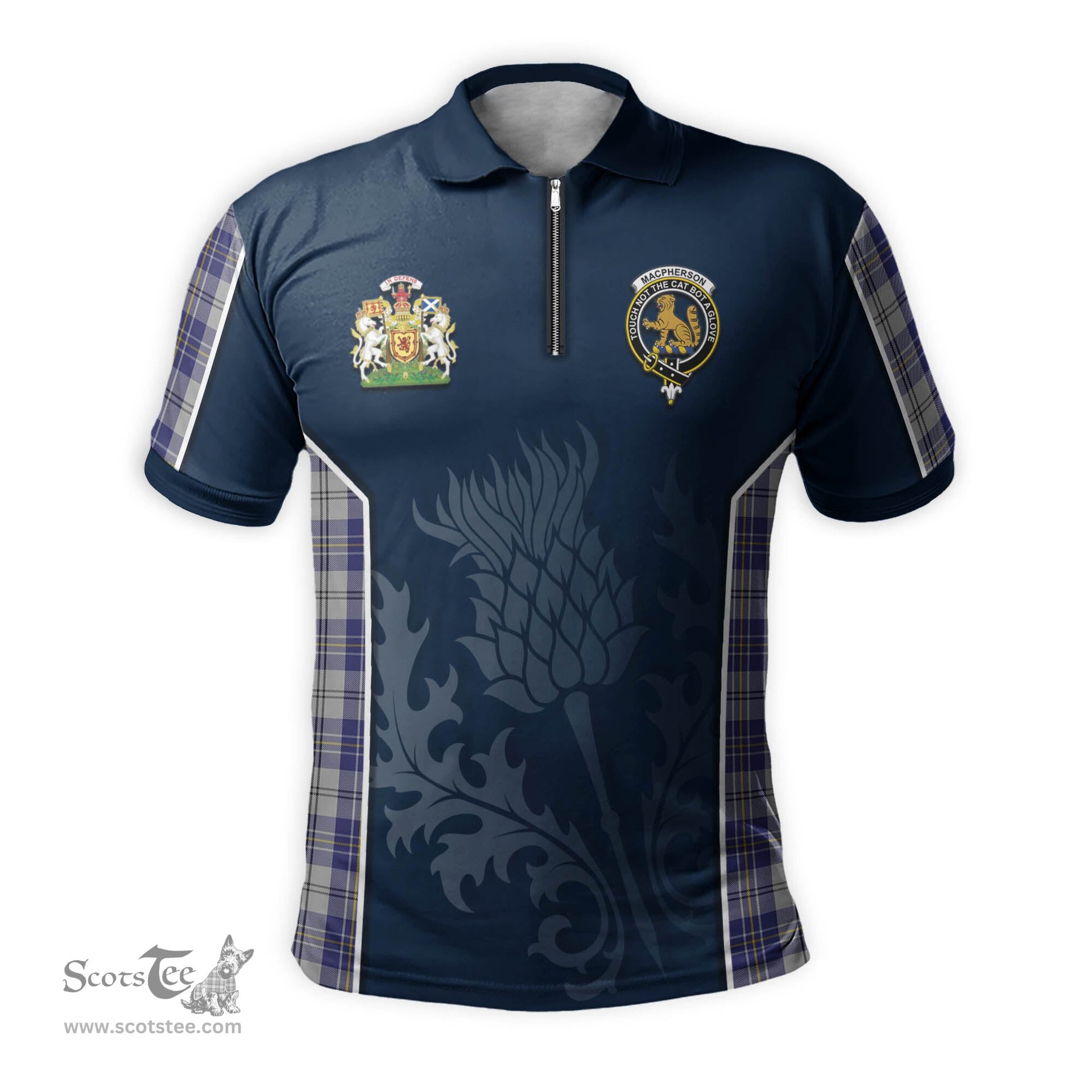 ScotsTee Shop Scottish MacPherson Dress Blue Clan Scottish Crest and Scottish Thistle Sport Tartan Zipper Polo Shirt