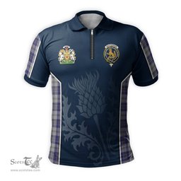 ScotsTee Shop Scottish MacPherson Dress Blue Clan Scottish Crest and Scottish Thistle Sport Tartan Zipper Polo Shirt