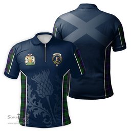 ScotsTee Shop Scottish Mitchell Clan Scottish Crest and Scottish Thistle Sport Tartan Zipper Polo Shirt