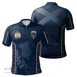 ScotsTee Shop Scottish Rose Hunting Clan Scottish Crest and Scottish Thistle Sport Tartan Zipper Polo Shirt