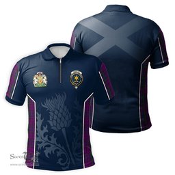 ScotsTee Shop Scottish Wardlaw Clan Scottish Crest and Scottish Thistle Sport Tartan Zipper Polo Shirt