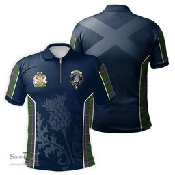 ScotsTee Shop Scottish Strange of Balkaskie Clan Scottish Crest and Scottish Thistle Sport Tartan Zipper Polo Shirt
