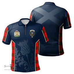 ScotsTee Shop Scottish Maxtone Clan Scottish Crest and Scottish Thistle Sport Tartan Zipper Polo Shirt