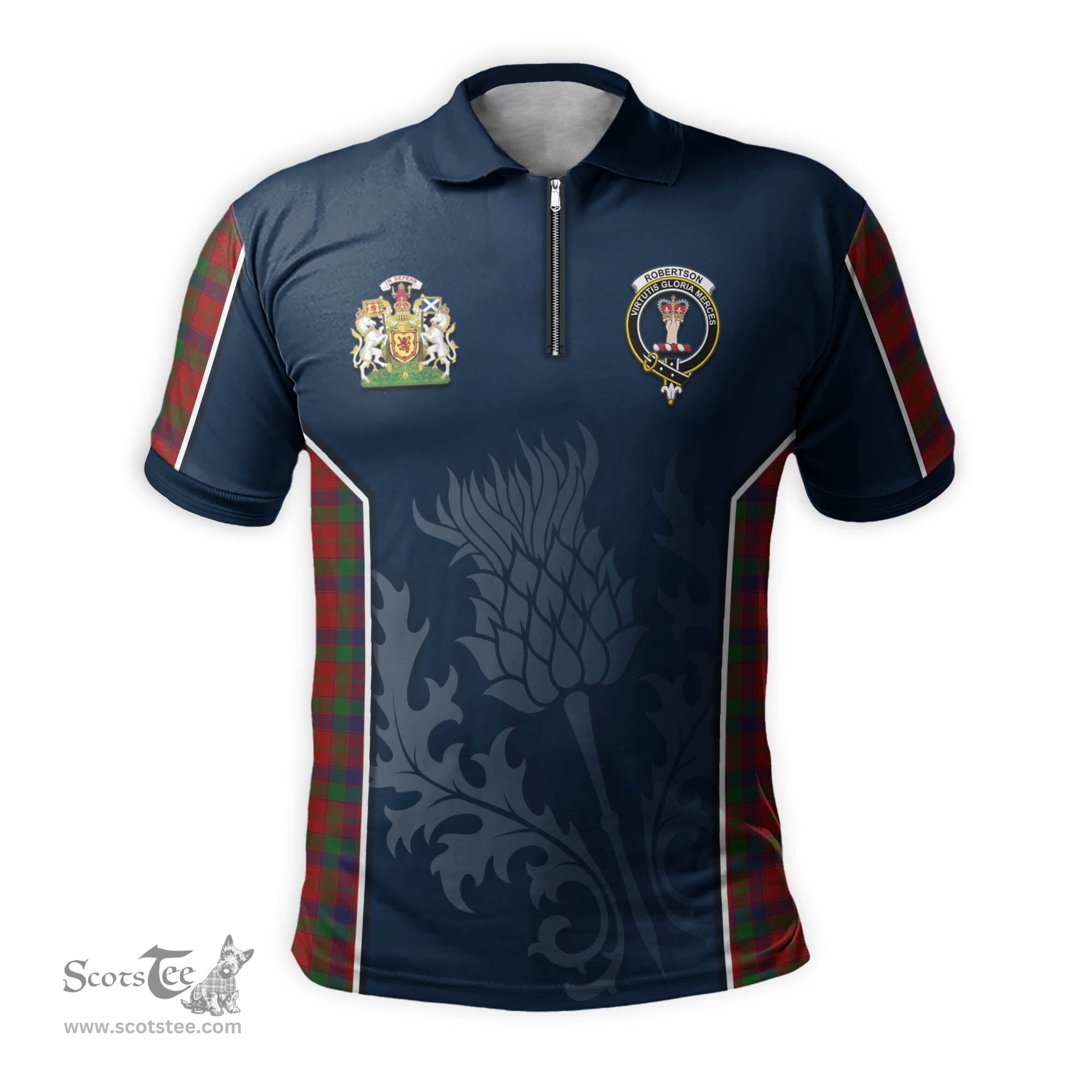 ScotsTee Shop Scottish Robertson Clan Scottish Crest and Scottish Thistle Sport Tartan Zipper Polo Shirt