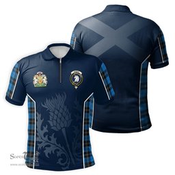 ScotsTee Shop Scottish Ramsay Blue Ancient Clan Scottish Crest and Scottish Thistle Sport Tartan Zipper Polo Shirt