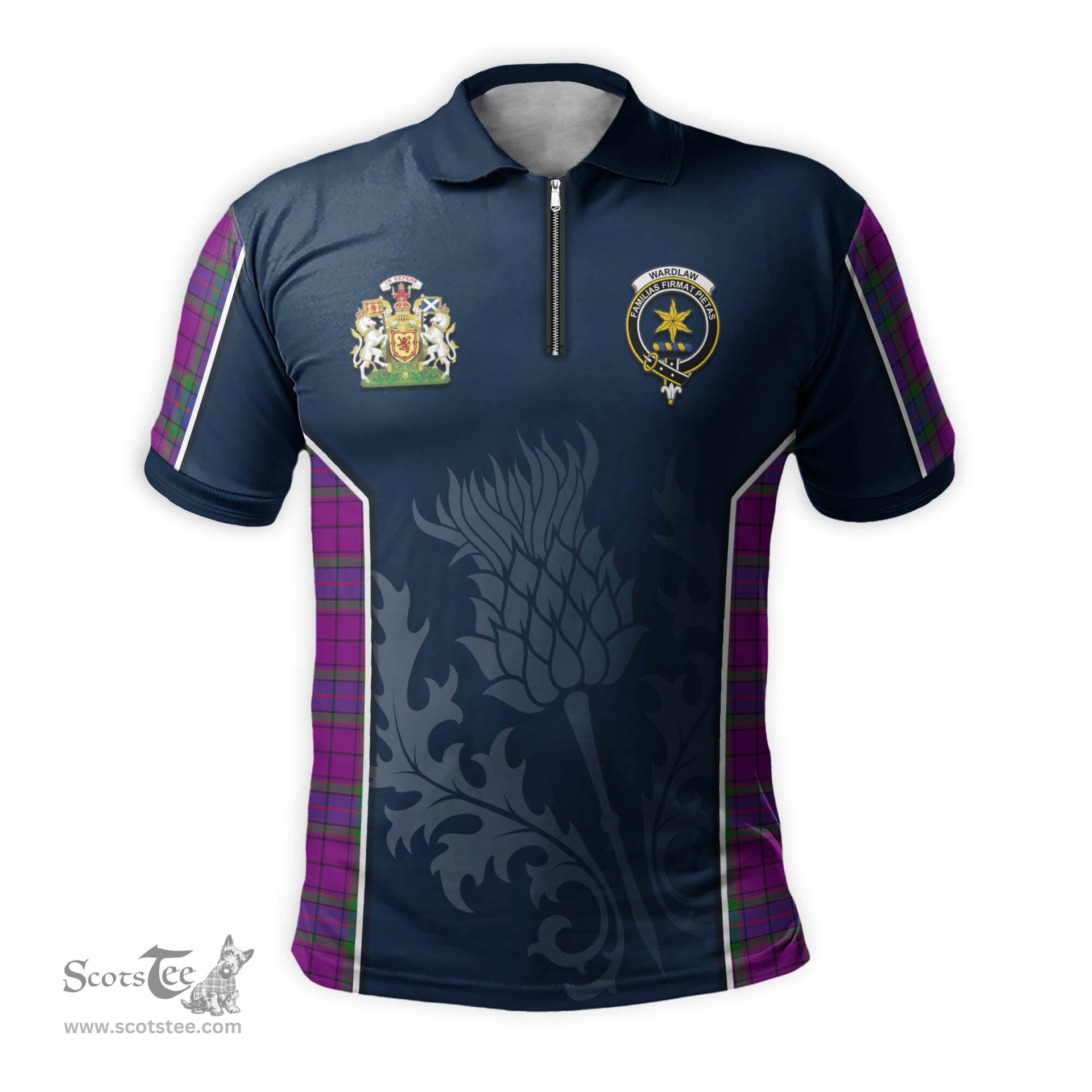 ScotsTee Shop Scottish Wardlaw Modern Clan Scottish Crest and Scottish Thistle Sport Tartan Zipper Polo Shirt