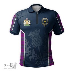 ScotsTee Shop Scottish Wardlaw Modern Clan Scottish Crest and Scottish Thistle Sport Tartan Zipper Polo Shirt