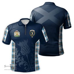 ScotsTee Shop Scottish Stewart Muted Blue Clan Scottish Crest and Scottish Thistle Sport Tartan Zipper Polo Shirt