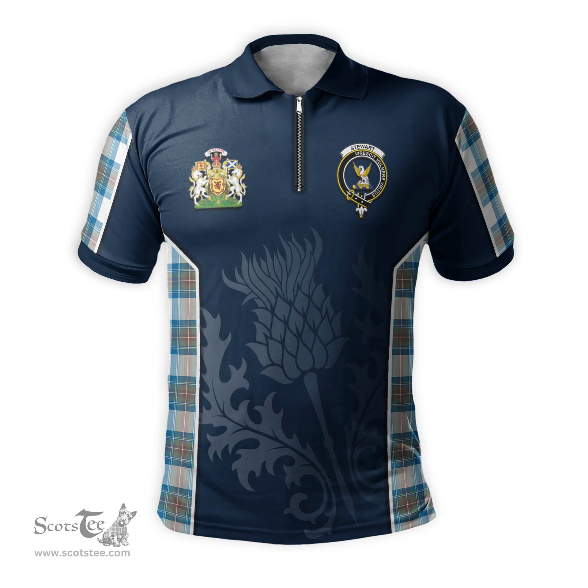 ScotsTee Shop Scottish Stewart Muted Blue Clan Scottish Crest and Scottish Thistle Sport Tartan Zipper Polo Shirt
