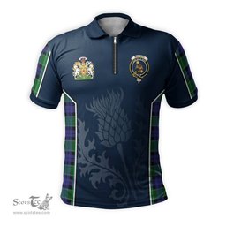 ScotsTee Shop Scottish Monteith Clan Scottish Crest and Scottish Thistle Sport Tartan Zipper Polo Shirt