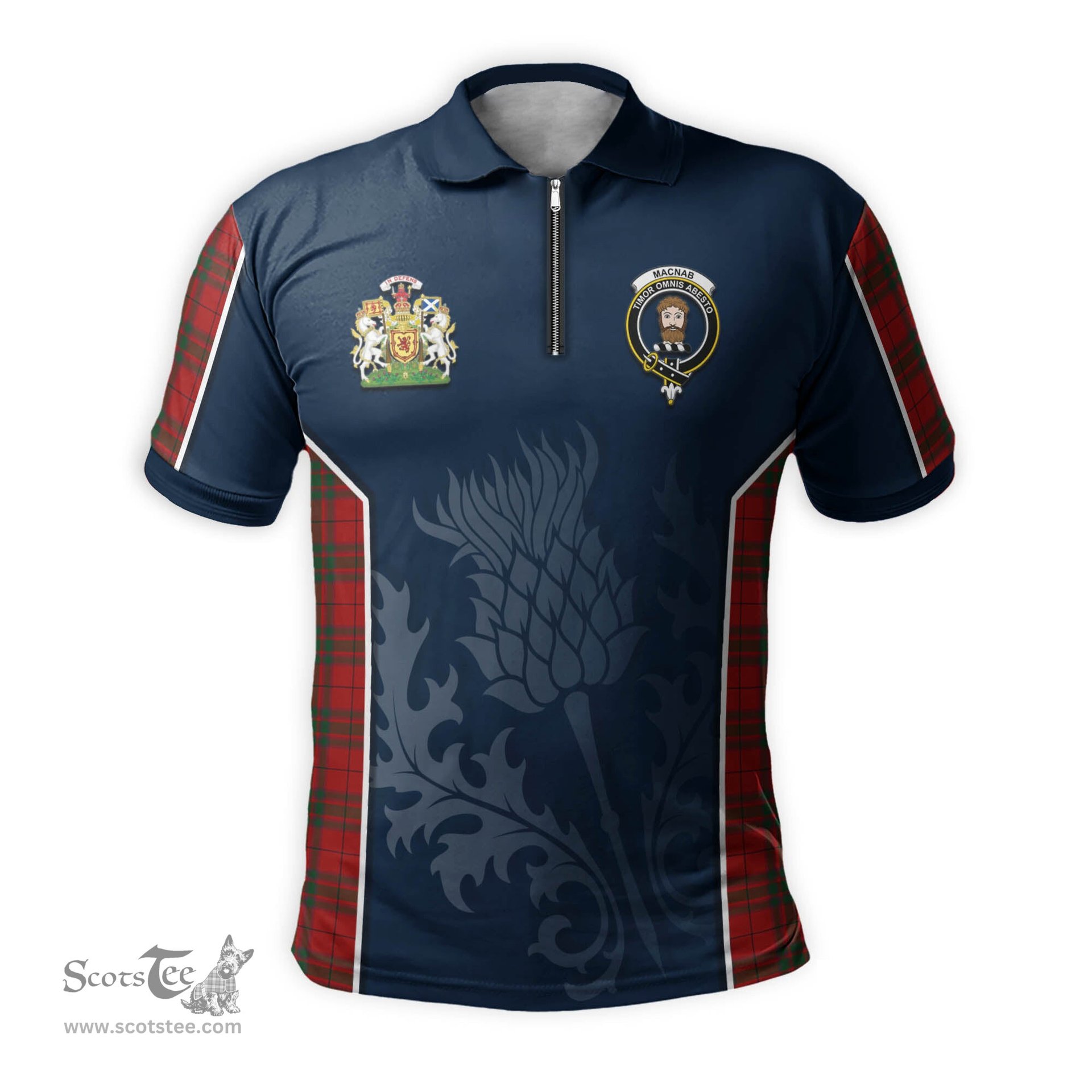 ScotsTee Shop Scottish MacNab Clan Scottish Crest and Scottish Thistle Sport Tartan Zipper Polo Shirt
