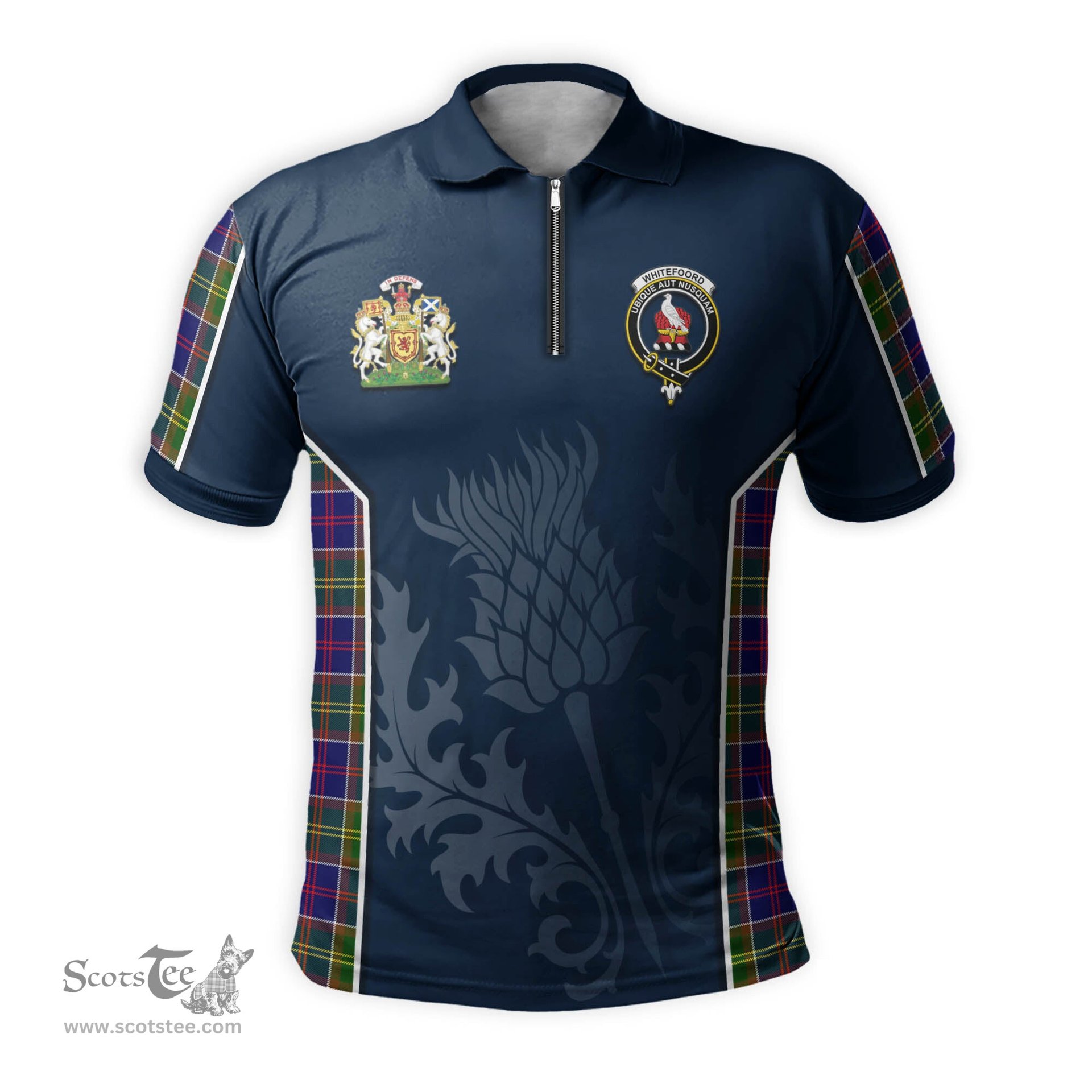 ScotsTee Shop Scottish Whitefoord Modern Clan Scottish Crest and Scottish Thistle Sport Tartan Zipper Polo Shirt