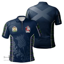 ScotsTee Shop Scottish MacRow Hunting Clan Scottish Crest and Scottish Thistle Sport Tartan Zipper Polo Shirt