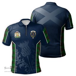 ScotsTee Shop Scottish Orrock Clan Scottish Crest and Scottish Thistle Sport Tartan Zipper Polo Shirt