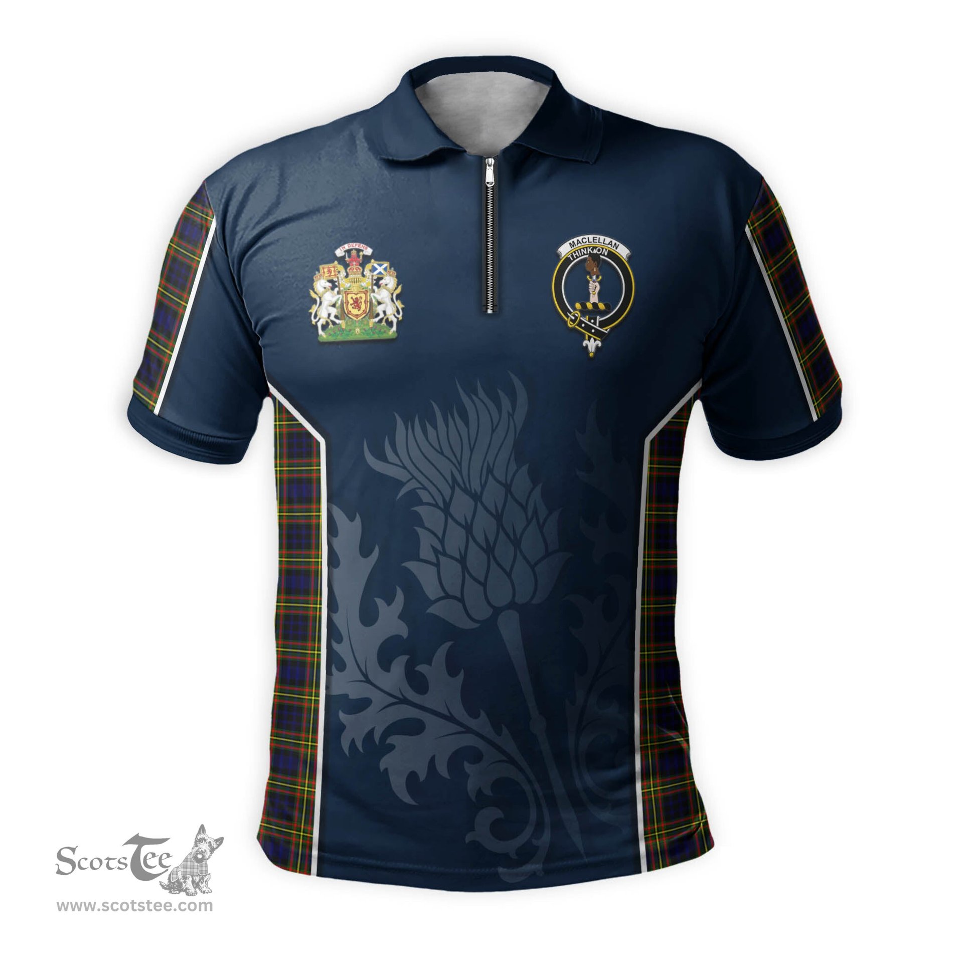 ScotsTee Shop Scottish MacLellan Modern Clan Scottish Crest and Scottish Thistle Sport Tartan Zipper Polo Shirt