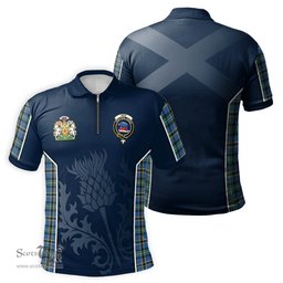 ScotsTee Shop Scottish Weir Ancient Clan Scottish Crest and Scottish Thistle Sport Tartan Zipper Polo Shirt