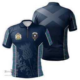 ScotsTee Shop Scottish Pitcairn Hunting Clan Scottish Crest and Scottish Thistle Sport Tartan Zipper Polo Shirt