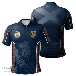ScotsTee Shop Scottish MacPherson Hunting Clan Scottish Crest and Scottish Thistle Sport Tartan Zipper Polo Shirt