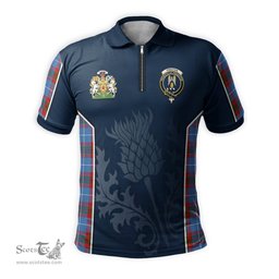 ScotsTee Shop Scottish Preston Clan Scottish Crest and Scottish Thistle Sport Tartan Zipper Polo Shirt