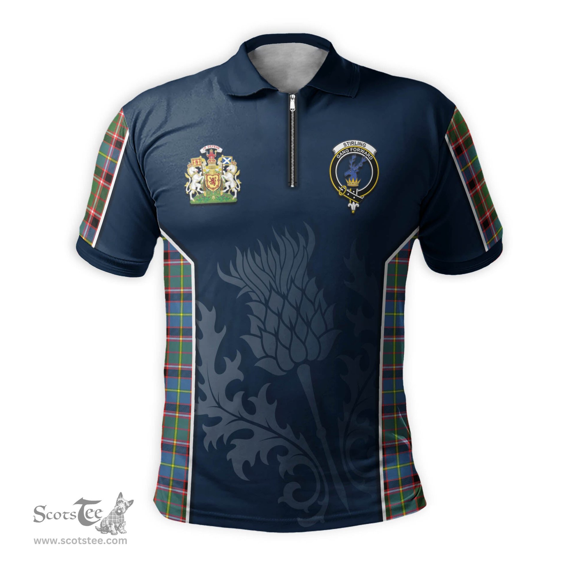 ScotsTee Shop Scottish Stirling Bannockburn Clan Scottish Crest and Scottish Thistle Sport Tartan Zipper Polo Shirt