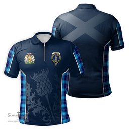 ScotsTee Shop Scottish McKerrell Clan Scottish Crest and Scottish Thistle Sport Tartan Zipper Polo Shirt
