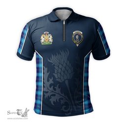 ScotsTee Shop Scottish McKerrell Clan Scottish Crest and Scottish Thistle Sport Tartan Zipper Polo Shirt