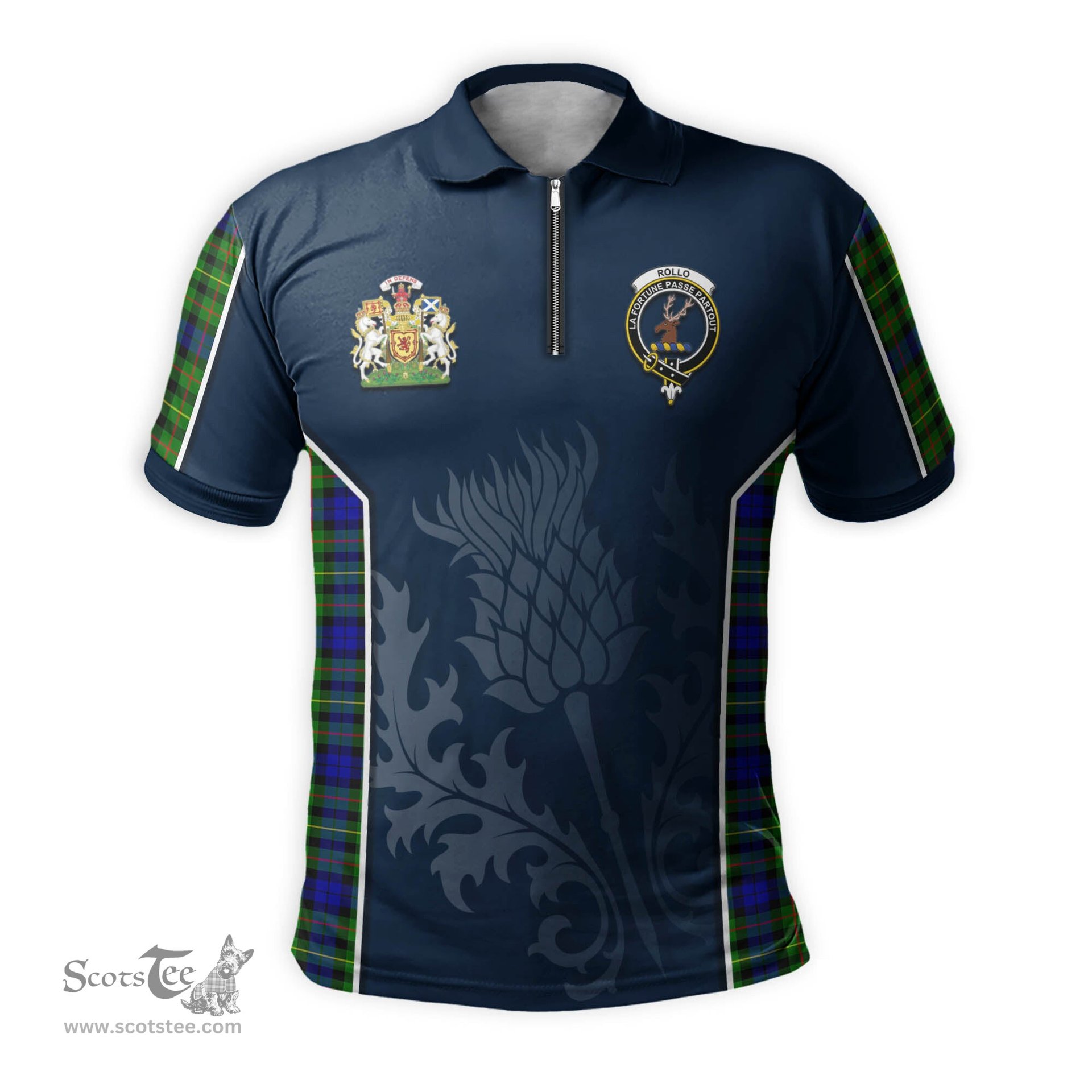 ScotsTee Shop Scottish Rollo Modern Clan Scottish Crest and Scottish Thistle Sport Tartan Zipper Polo Shirt