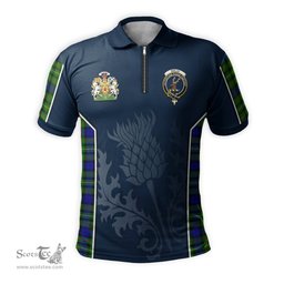 ScotsTee Shop Scottish Rollo Modern Clan Scottish Crest and Scottish Thistle Sport Tartan Zipper Polo Shirt