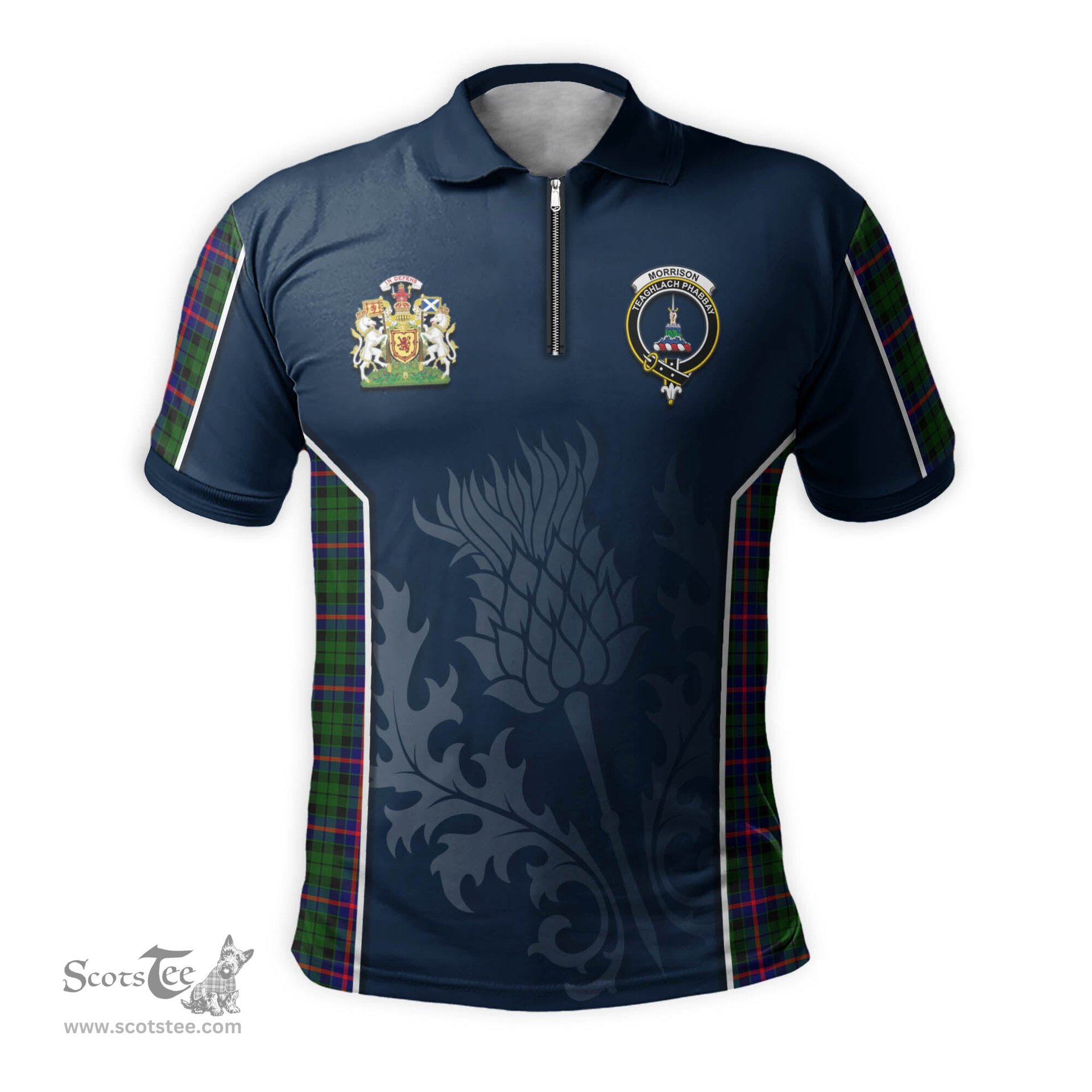 ScotsTee Shop Scottish Morrison Modern Clan Scottish Crest and Scottish Thistle Sport Tartan Zipper Polo Shirt