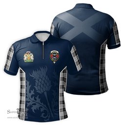 ScotsTee Shop Scottish MacLeod Black and White Clan Scottish Crest and Scottish Thistle Sport Tartan Zipper Polo Shirt